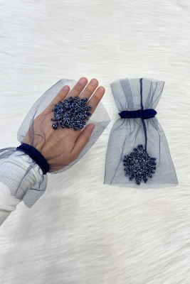 Lacivert Kristal Cam Boncuk Gelin Eldiveni, Düğün Kına Gecesi Bekarlığa Veda Nikah Bride Söz