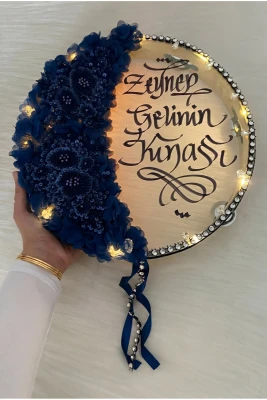 Lacivert Ledli Gelin Tefi 32cm, Aplik Çiçek Ve Parlak Taş Süslemeli Def, Düğün Kına Gecesi Nedime Bride Sünnet