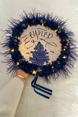 Lacivert Ledli Gelin Tefi 32cm, Lüx Aplik Çiçek Pul Payet Taşlı Tüylü Düğün Kına Nedime Sünnet Bride
