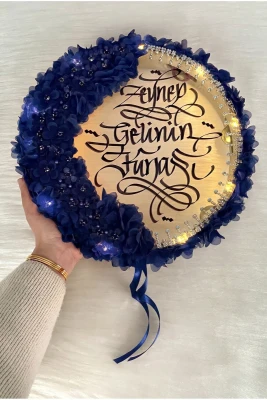Lacivert Ledli Gelin Tefi 32cm, Lüx Aplik Çiçek Ve Parlak Taş Süslemeli, Düğün Kına Nedime Bride Sünnet