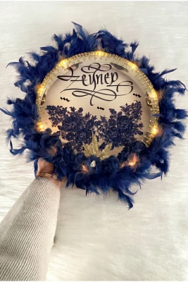 Lacivert Ledli Gelin Tefi 32cm, Lüx Aplik Çiçekli Tüylü Ve Parlak Taş Süslemeli, Düğün Kına Nedime Bride Sünnet