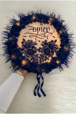 Lacivert Ledli Gelin Tefi 32cm, Üç Boyutlu Çiçekli Parlak Taş Ve Tüy Süslemeli, Düğün Kına Gecesi Nedime Bride Sünnet