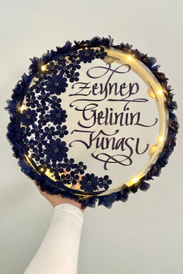 Lacivert Ledli Şeffaf Gelin Tefi 32cm 3d Çiçek Parlak Taş İncili Düğün Kına Nedime Bride Parti Defi