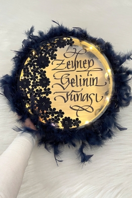 Lacivert Ledli Şeffaf Gelin Tefi 32cm 3d Çiçek Parlak Taş Otrişli Düğün Kına Nedime Bride Parti Defi