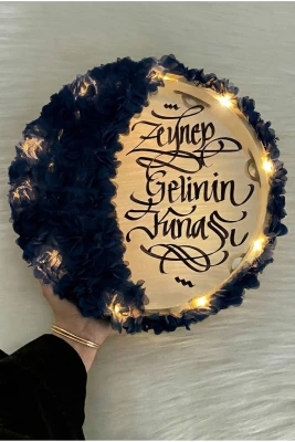 Lacivert Ledli Şeffaf Gelin Tefi 32cm, 3d Çiçek Süslemeli, Düğün Sünnet Kına Nedime Bride Parti Defi