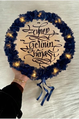 Lacivert Ledli Şeffaf Gelin Tefi 32cm, 3d Çiçek Süslemeli, Düğün Sünnet Kına Nedime Bride Parti Defi