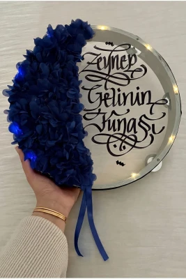 Lacivert Ledli Şeffaf Gelin Tefi 32cm, 3d Çiçek Süslemeli, Düğün Sünnet Kına Nedime Bride Parti Defi