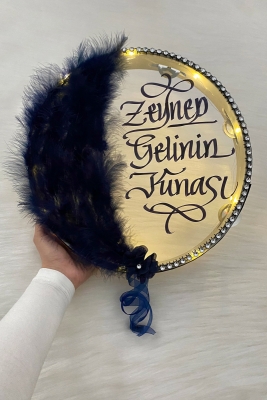 Lacivert Ledli Şeffaf Gelin Tefi 32cm Tüylü 3d Çiçek Saten Kurdele Düğün Kına Nedime Bride Parti Def