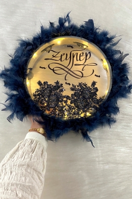 Lacivert Ledli Şeffaf Kaligrafi Gelin Tefi 30cm Vip Güpürlü Ve Tüylü Düğün Kına Nedime Bride Parti