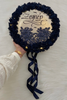 Lacivert Ledli Şeffaf Kaligrafi Gelin Tefi 32cm Vip Güpür Ve Çiçek Düğün Kına Nedime Bride Parti