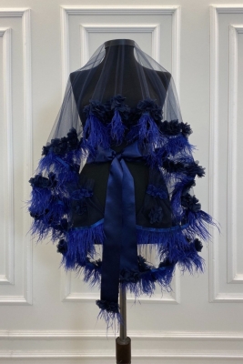 Lacivert Lüks Kına Duvağı Seti, Tüy Ve Üç Boyutlu Lazer Çiçekli, Gelin Duvak Seti