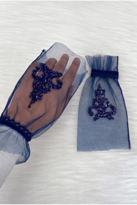Lacivert Lüks Kristal Cam Boncuk Gelin Eldiveni, Kına Gecesi Düğün Bekarlığa Veda Nikah Bride Söz