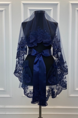 Lacivert Narin Desen Işıl Işıl Güpürlü Gelin Duvak Seti, Kına Duvağı Seti