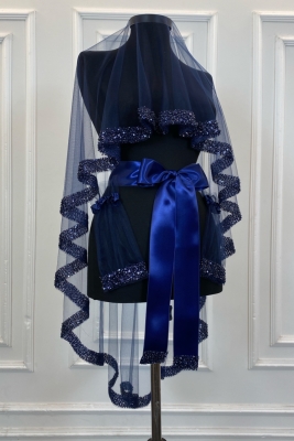 Lacivert Orkide Gelin Duvak Seti, Su Taşlı Kına Duvağı Seti 6 Parça