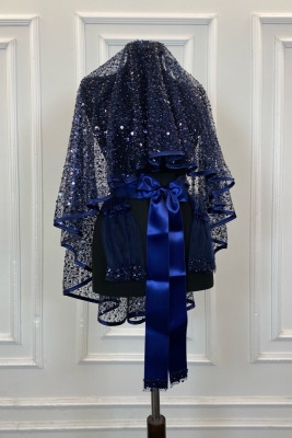 Lacivert Otantik Vip Gelin Duvak Seti, Komple Pul Boncuk İncili Işıl Işıl Kına Duvağı Seti 6 Parça