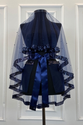 Lacivert Pul Payet ve İncili Gelin Duvak Seti, Kına Gecesi Duvağı Alı Örtüsü 6 Parça