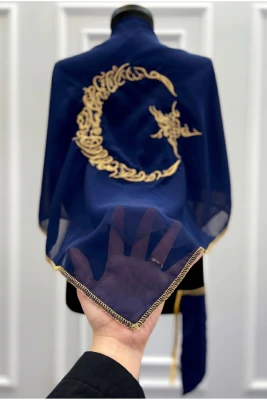 Kare Lacivert Şifon Damat Omuz Örtüsü, Gold Ayyıldız Nakışlı Sim Kenar Sağdıç Kına Asker Şalı Duvağı
