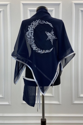 Lacivert Şifon Lüks Damat Omuz Örtüsü, Gümüş Ayyıldız Nakışlı, Sağdıç Nedime Kına Asker Şalı Duvağı