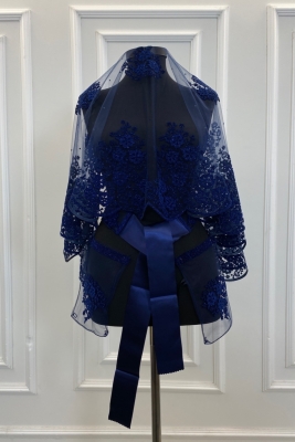 Lacivert Simli Çift Desenli Gelin Duvak Seti Kına Duvağı