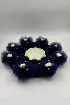 Lacivert Söz Nişan Kına Tepsisi Tül Ponponlu Gül Ve Inci Süslemeli