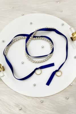 Lacivert Söz Nişan Yüzük Kurdelesi, Dökülen İncili, Gelin Damat