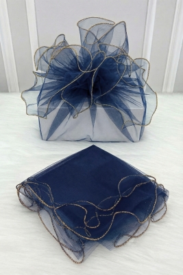 Lacivert Süsleme Tülü Gold Kenarlı, Bohça Çeyiz Gelin Damat Nişan Nikah Valiz Hediye Süsü 100x100cm