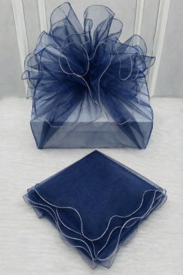 Lacivert Süsleme Tülü, Gümüş Kenar Bohça Çeyiz Gelin Damat Nişan Nikah Valiz Hediye Süsü 150x150cm