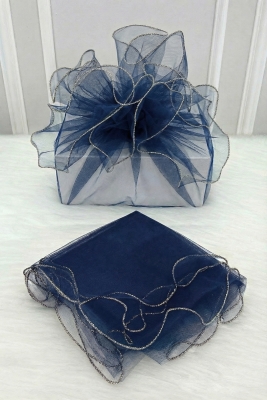 Lacivert Süsleme Tülü Gümüş Kenarlı, Bohça Çeyiz Gelin Damat Nişan Nikah Valiz Hediye Süsü 100x100cm