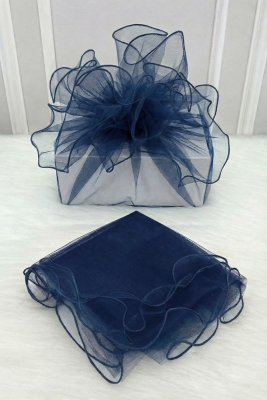 Lacivert Süsleme Tülü Overlok Kenar, Bohça Çeyiz Gelin Damat Nişan Nikah Valiz Hediye Süsü 100x100cm