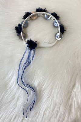 Lacivert Süslü Gelin Nedime Kına Gecesi Tefi, Üç Boyut Lazer Çiçek ve Kurdele Detaylı Tef 1 Adet