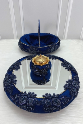 Lacivert Vip Aplikli Aynalı Kadife Kına Gecesi Tepsi Sepet Gelin Takımı, Nişan Nikah Düğün Sünnet