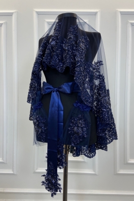 Lacivert Vıp Deluxe Gelin Duvağı Seti