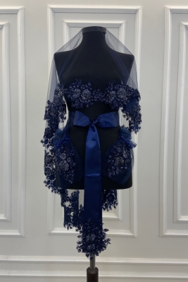 Lacivert Vip Gelin Duvak Seti, Kına Duvağı Örtüsü Seti