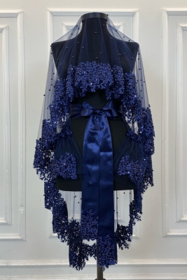 Lacivert Vip Gelin Duvak Seti, Papatya Güpürlü Boncuklu Pullu Incili Kına Duvağı Seti 6 Parça