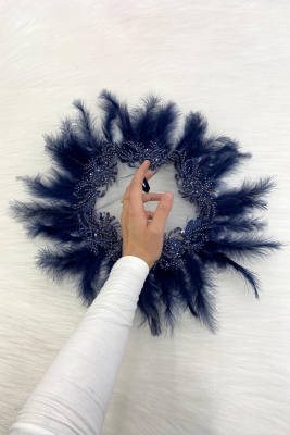 Lacivert Vip Gelin Mendili, Boncuk İnci Pul Tüy Detaylı Lüks Aplikli Damat Düğün Kına Sünnet Nişan