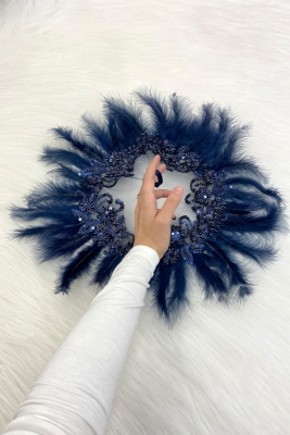 Lacivert Vip Gelin Mendili, Boncuk İnci Pul Tüy Detaylı Lüks Aplikli Damat Düğün Kına Sünnet Nişan