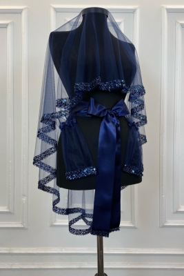 Lacivert Zarif Gelin Duvak Seti, Su Taşlı Kına Duvağı Seti 6 Parça