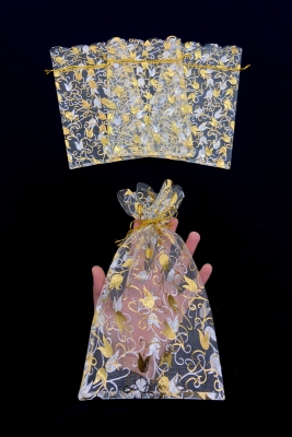 Laleli Gold Şeffaf Tül Kese 50 Adet Ölçü 15x27cm, Hediye Gelin Düğün Bohça Çeyiz Havlu Yasin Yazma