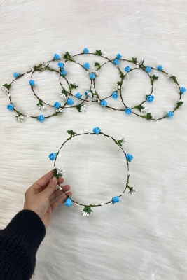 Mavi Güllü Yapraklı Nedime Taç, Gelin Kına Gecesi Düğün Bride Bekarlığa Veda Partisi Sünnet