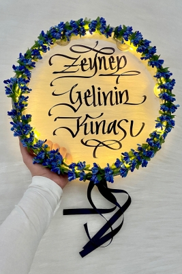 Mavi Ledli Şeffaf Gelin Tefi 32cm Cipsolu Saten Kurdele Düğün Kına Nedime Bride Parti Defi