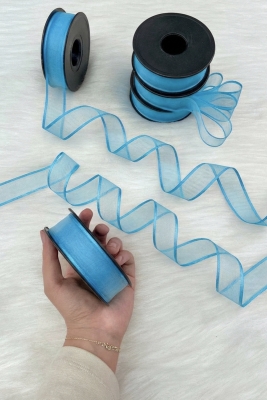 Mavi Şifon Kurdele 2,5 cm 20 mt, Gelin, Damat, Bohça, Nişan, Çeyiz, Özel Gün, Hediye, Düğün, Süsü