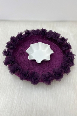 Mor Gelin Kına Gecesi Tepsisi, Düğün, Sünnet, Kadife Üç Boyutlu Lazer Çiçek Süslemeli Tepsi