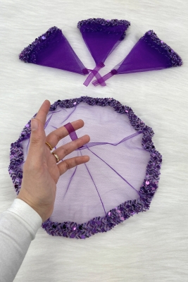 Mor Gelin Mendili, Halay El Mendili, Zarif Su Taşlı Pullu Boncuklu Pul Payet