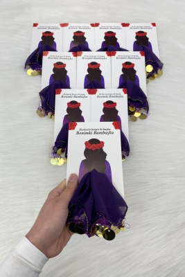 Mor Gold Şifon Kartlı Hediyelik Halay Mendili 5 Adet, Gelin Damat Düğün Kına Sünnet Nişan Bride