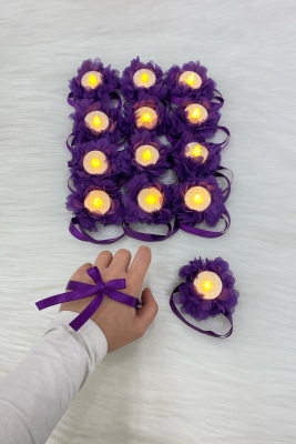 Mor Ledli Kına El Mumu, Düğün, Nedime, Bride, Sünnet, Led Işıklı, Tealight Mum Pilli 12 Adet