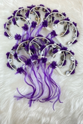 Mor Süslü Gelin Nedime Kına Gecesi Tefi, Üç Boyut Lazer Çiçek ve Kurdele Detaylı Tef 10 Adet