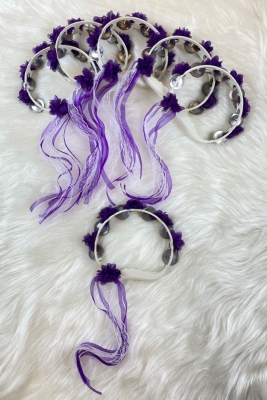 Mor Süslü Gelin Nedime Kına Gecesi Tefi, Üç Boyut Lazer Çiçek ve Kurdele Detaylı Tef 5 Adet