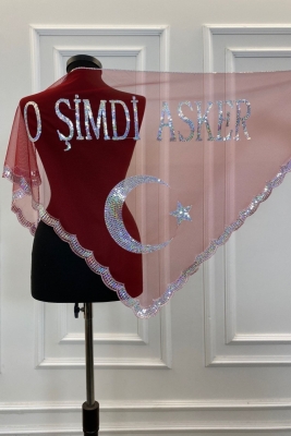 O Şimdi Asker Şalı Örtüsü, Kırmızı Kına Omuz Örtüsü Ayyıldız Pullu