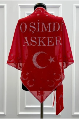O Şimdi Asker Şalı Örtüsü, Kırmızı Şifon Üçgen Kına Omuz Örtüsü Ayyıldız Simli, Asker Eğlencesi, Uğurlaması