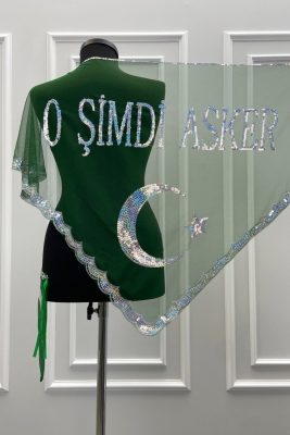 O Şimdi Asker Şalı Örtüsü, Yeşil Üçgen Kına Omuz Örtüsü Ayyıldız Pullu